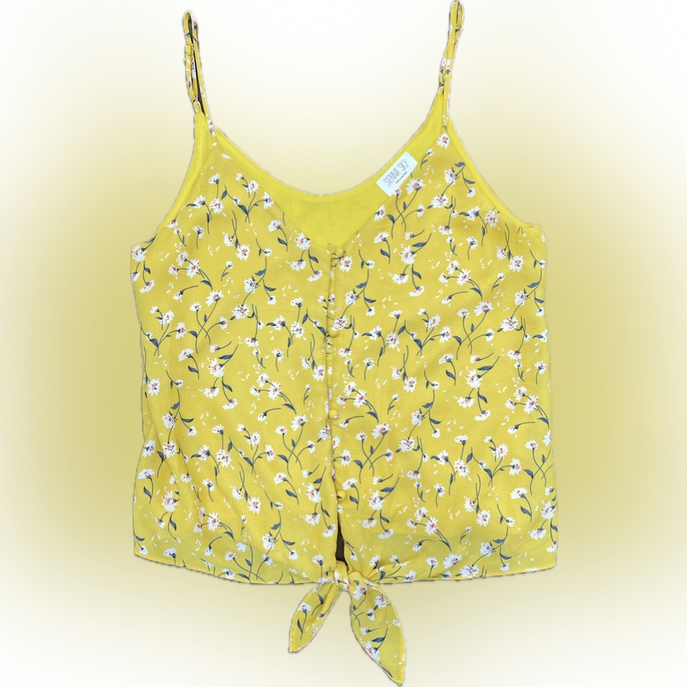 Sienna Sky Women’s Size S Yellow Floral Cropped Top Spaghetti Straps Front Tie